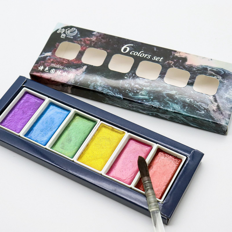 Watercolor Paint Set Solid Pigment - 6-kleuren wateroplosbare metalen parel aquarel pigment
